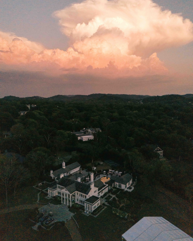 Drone shot of wedding at sunset